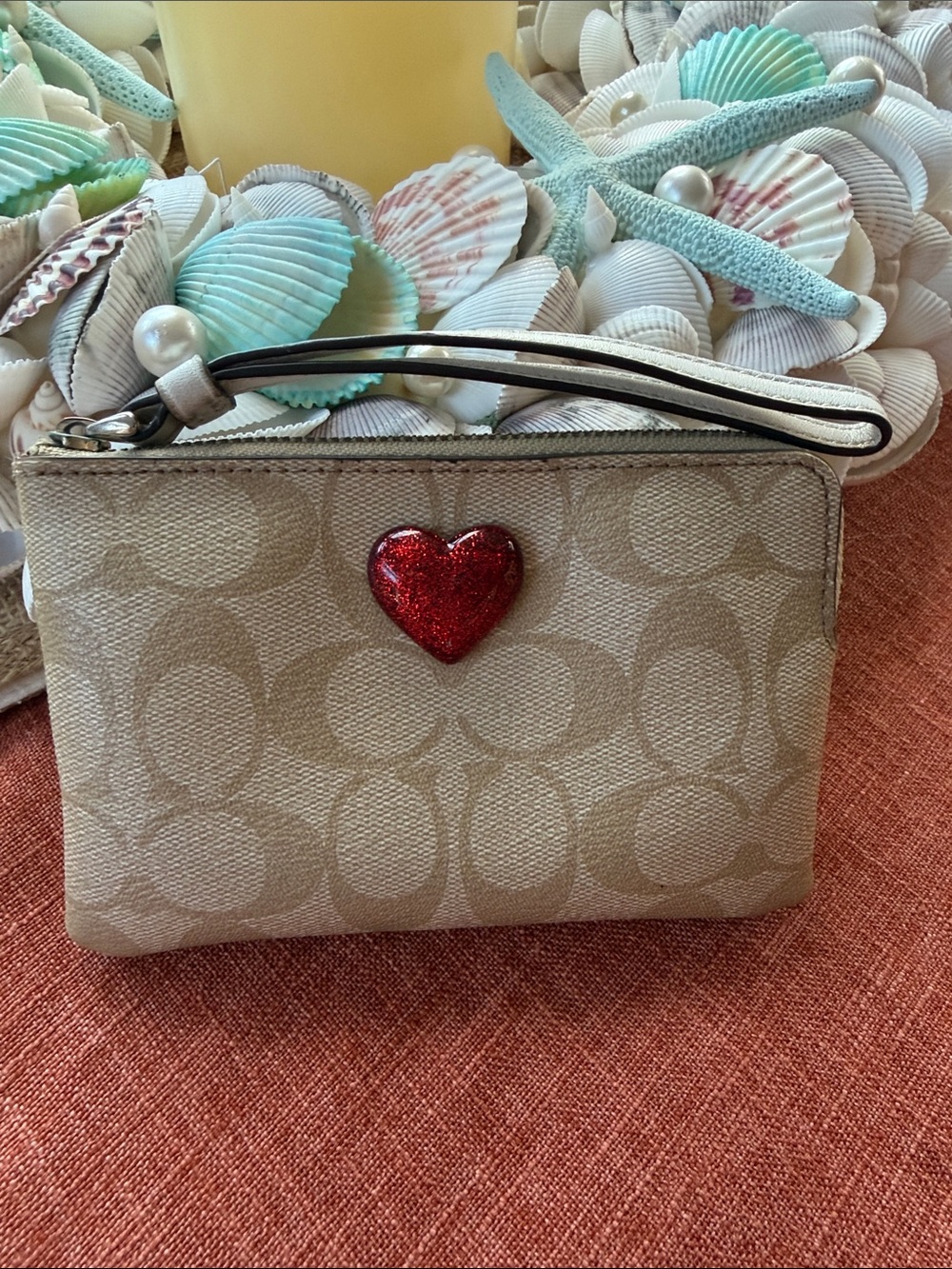 Coach Beige Signature Wristlet with Red Glitter Heart